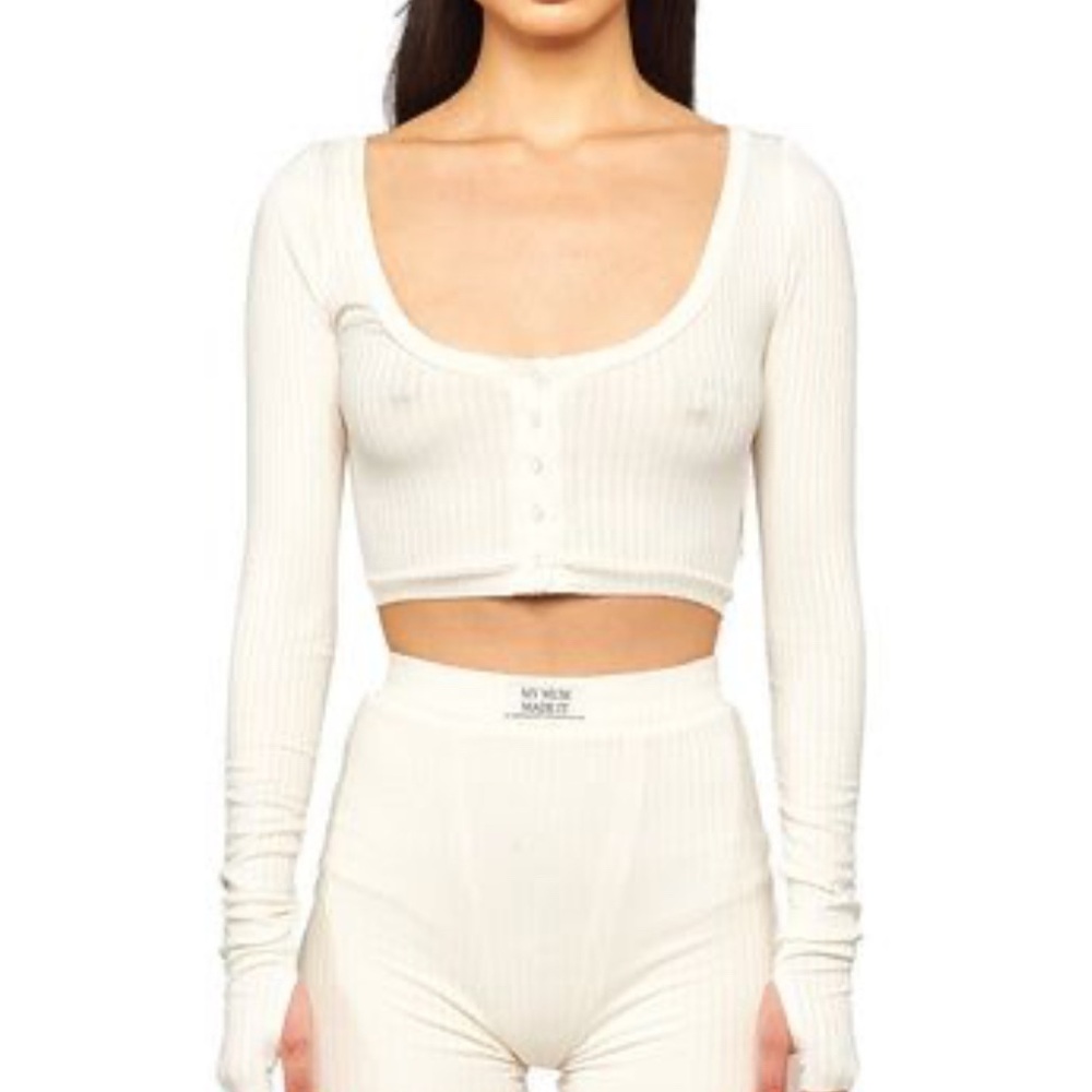 My mum made it henley button up long sleeve crop top in white cream rib